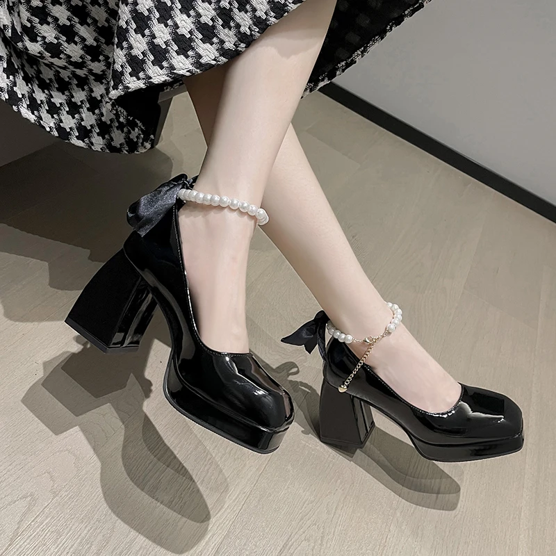 Kadınlar için ayakkabı 2022 Yaz Yeni Moda Boncuklu papyon Yüksek Topuklu kadın Tüm Maç Burnu açık Sandalet Mary Jane Tıknaz Topuklu 1