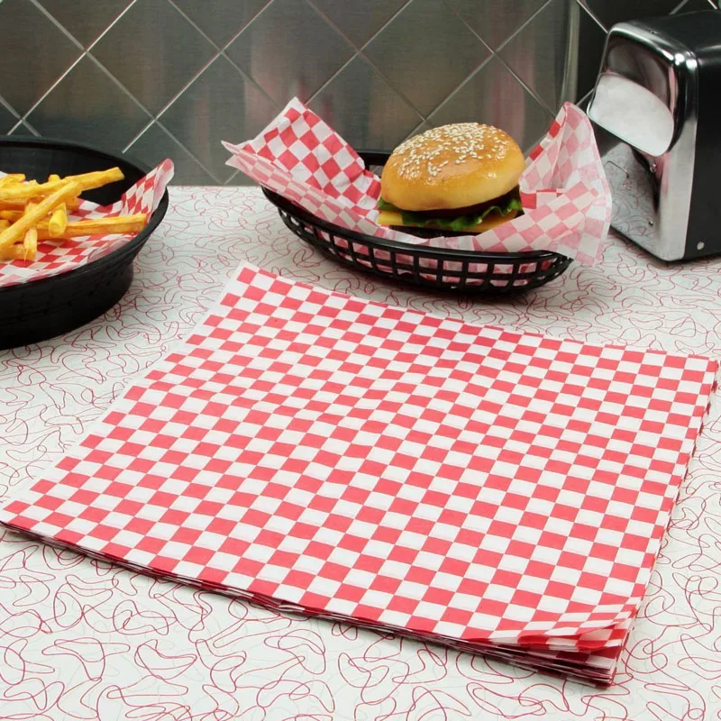 250-500 adet Gıda Balmumu Kağıt Siyah Kırmızı Damalı Kuru Deli Sarma Kağıtları Fast Food Ambalaj Kağıdı Patates Kızartması Hot Dog Burger Bar 1
