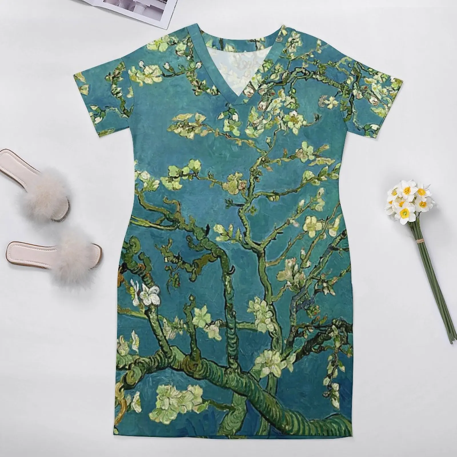 Çiçek Baskı Sanat Elbise V Boyun Van Gogh Badem Çiçekleri Zarif Elbiseler Kadın Kore Moda Baskı rahat elbise Büyük Boy 4XL 5XL 1