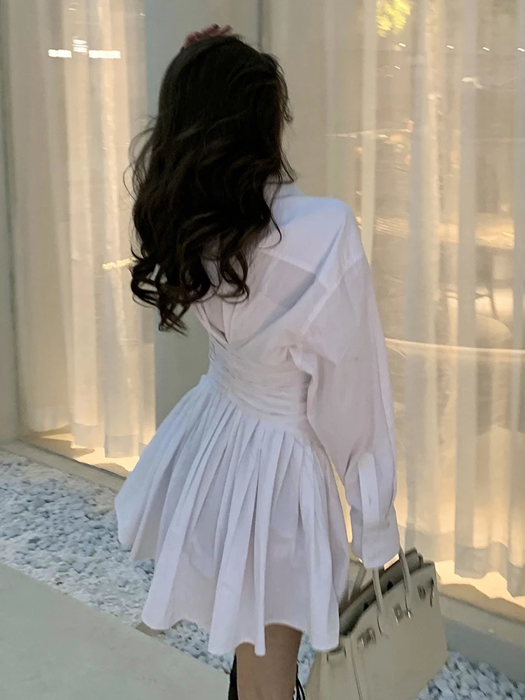 GALCAUR Beyaz Kat Pilili Elbise Kadınlar Için Yaka Uzun Kollu Yüksek Bel Katı Minimalist Mini Elbiseler Kadın Moda Giyim Yeni 1