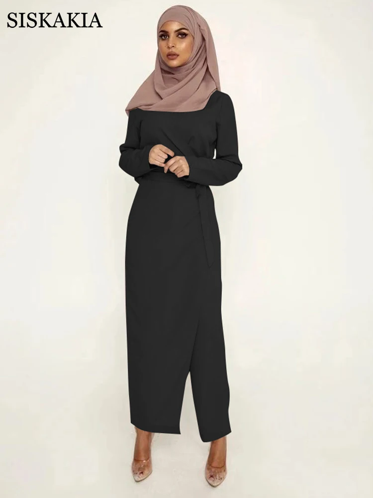 Siskakia Kadınlar Katı Kuşaklı Tulum Uzun 2020 Avrupa ve Amerikan Moda Tulum Dubai Müslüman Tulum Güz 2020 Yeni 1