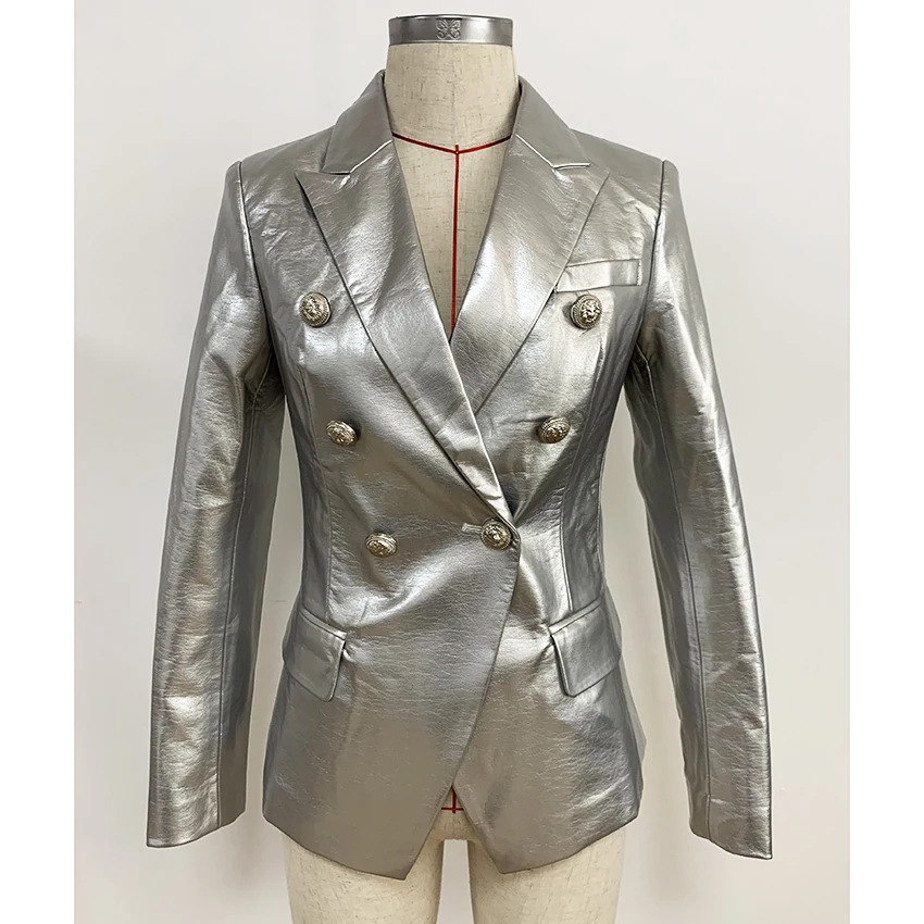 Yeni Sonbahar Kış 2022 Tasarımcı Blazer Ceket kadın Aslan Metal Düğmeler Kruvaze Sentetik Deri Blazer Palto 1