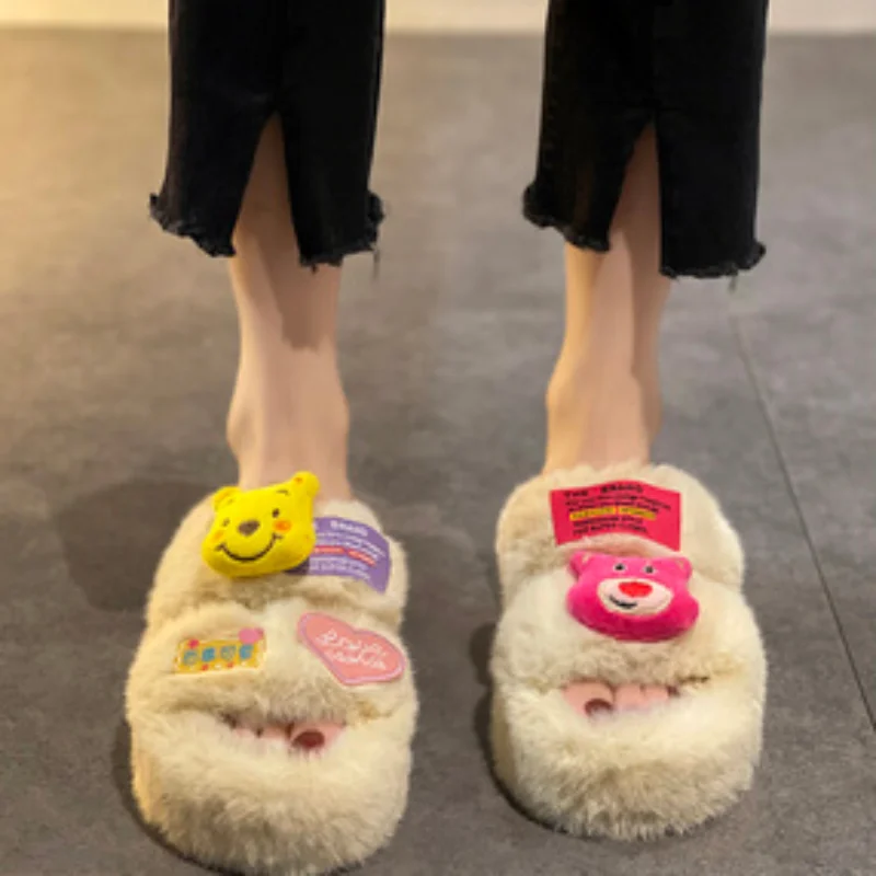 Tüylü Terlik Kadın kürk ayakkabı Flip Flop Platformu Slaytlar Disney Kawaii Peluş Düz Ev 2022 Yeni Kabarık kışlık terlik Kız 1