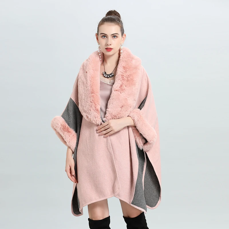7 Renk Blok Kış Sıcak Artı Boyutu Gevşek Panço Palto Büyük Faux Kürk Boyun Şal Pelerin Kadın Kaşmir Outstreet Kalın Giyim ceket 2