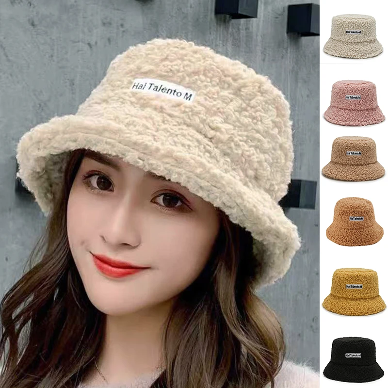 Kova Şapka Kadınlar için Sonbahar Kış Sıcak Kuzu Taklit Kürk Peluş Balıkçı Şapka Panama Rahat Düz Kapaklar Bayan Kızlar Kore Moda 2