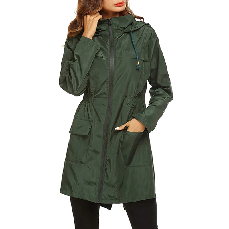 Kadın Hafif Yağmurluk Su Geçirmez Ceket Kapşonlu açık yürüyüş ceketi Uzun yağmurluklar Açık Dağcılık Ceket 2