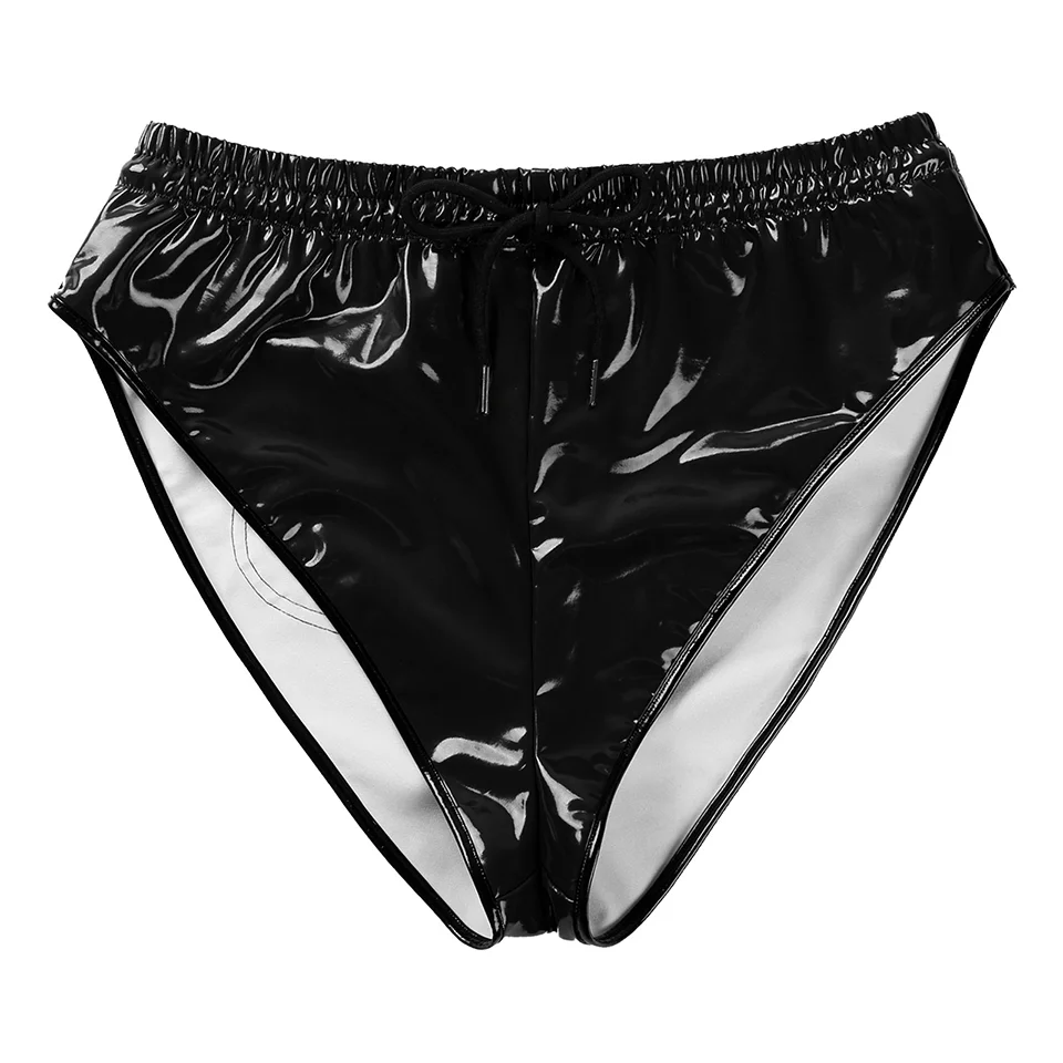 Seksi Parlak PVC Deri Şort Kadınlar İçin Erotik Altında Yüksek elastik Tanga Külot Parlak Lateks Mini pantolon İpli Sexi 2