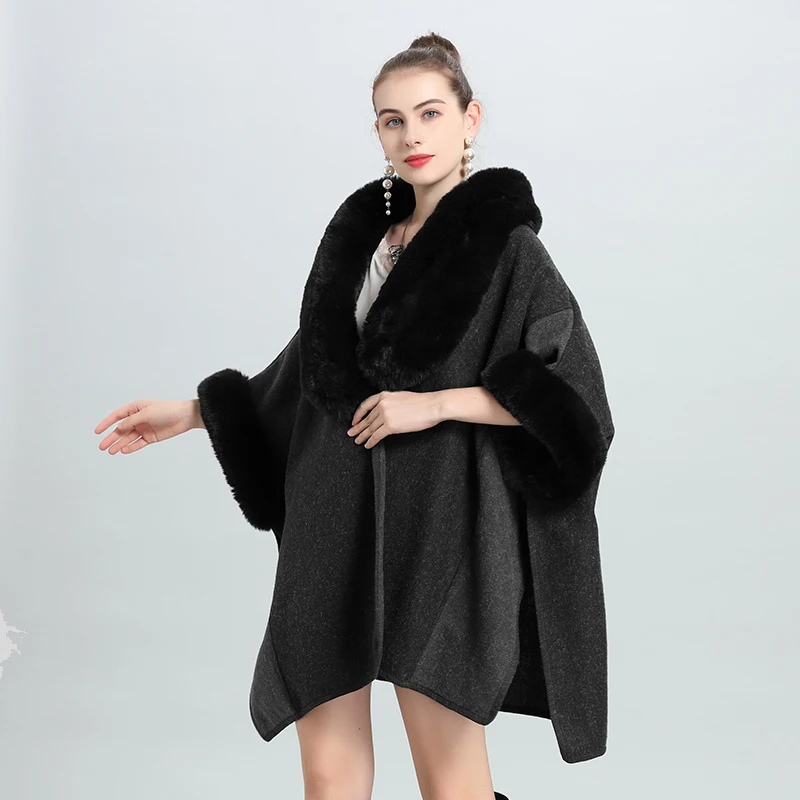 7 Renk Blok Kış Sıcak Artı Boyutu Gevşek Panço Palto Büyük Faux Kürk Boyun Şal Pelerin Kadın Kaşmir Outstreet Kalın Giyim ceket 3