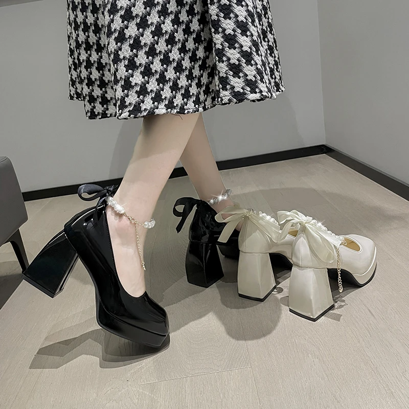 Kadınlar için ayakkabı 2022 Yaz Yeni Moda Boncuklu papyon Yüksek Topuklu kadın Tüm Maç Burnu açık Sandalet Mary Jane Tıknaz Topuklu 3