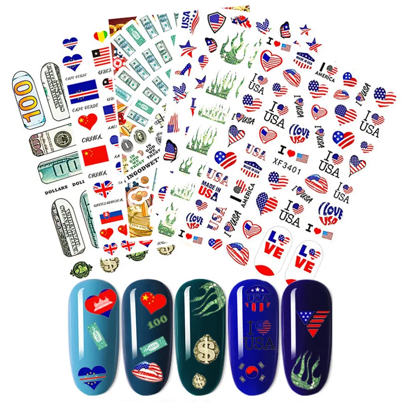 Avrupa ve Amerikan Klasik Bayrak Sticker Alev Aşk Dolar Banknot 3D Tırnak Sticker Moda Tırnak Sanat Tasarım Dekoratif Çıkartmaları 3