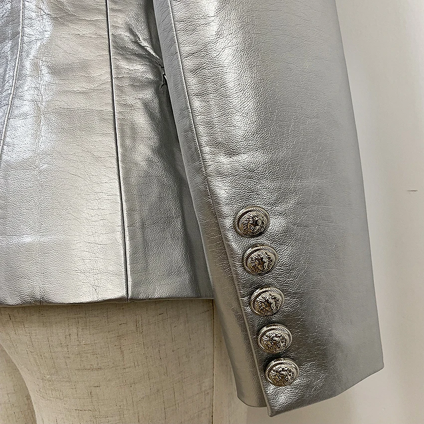 Yeni Sonbahar Kış 2022 Tasarımcı Blazer Ceket kadın Aslan Metal Düğmeler Kruvaze Sentetik Deri Blazer Palto 3