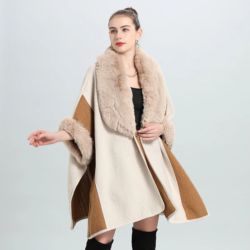 7 Renk Blok Kış Sıcak Artı Boyutu Gevşek Panço Palto Büyük Faux Kürk Boyun Şal Pelerin Kadın Kaşmir Outstreet Kalın Giyim ceket 4