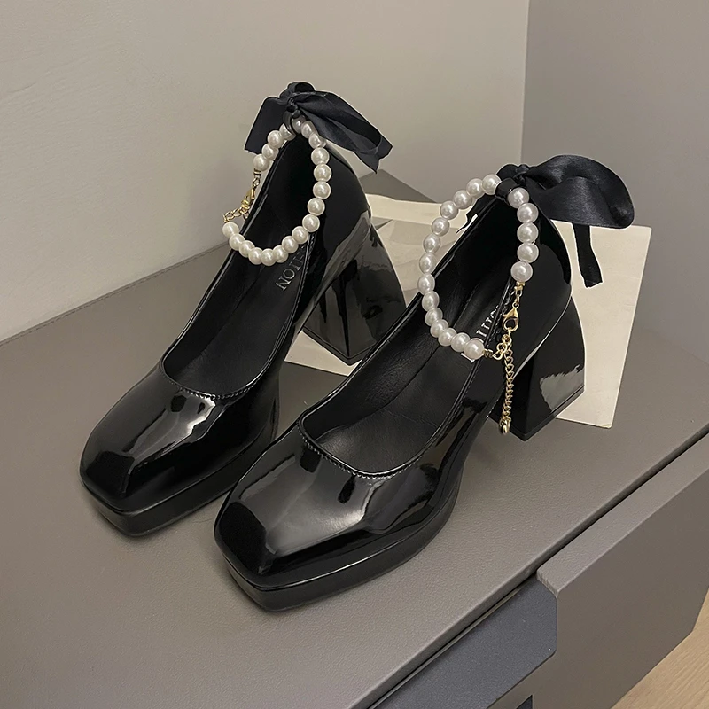 Kadınlar için ayakkabı 2022 Yaz Yeni Moda Boncuklu papyon Yüksek Topuklu kadın Tüm Maç Burnu açık Sandalet Mary Jane Tıknaz Topuklu 4