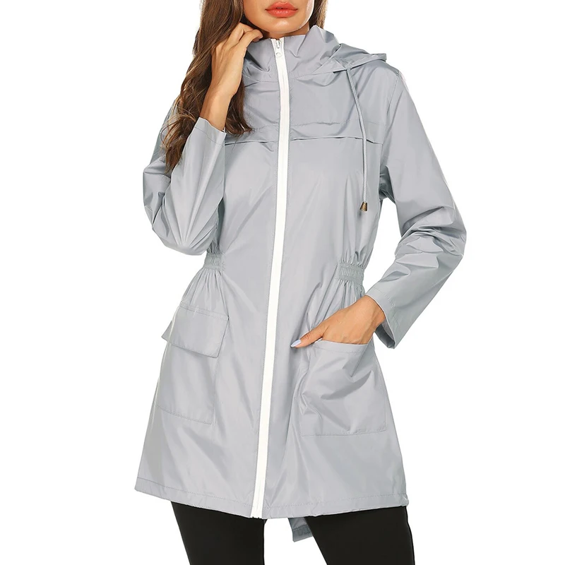 Kadın Hafif Yağmurluk Su Geçirmez Ceket Kapşonlu açık yürüyüş ceketi Uzun yağmurluklar Açık Dağcılık Ceket 4