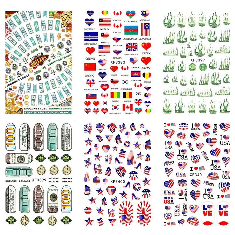 Avrupa ve Amerikan Klasik Bayrak Sticker Alev Aşk Dolar Banknot 3D Tırnak Sticker Moda Tırnak Sanat Tasarım Dekoratif Çıkartmaları 4