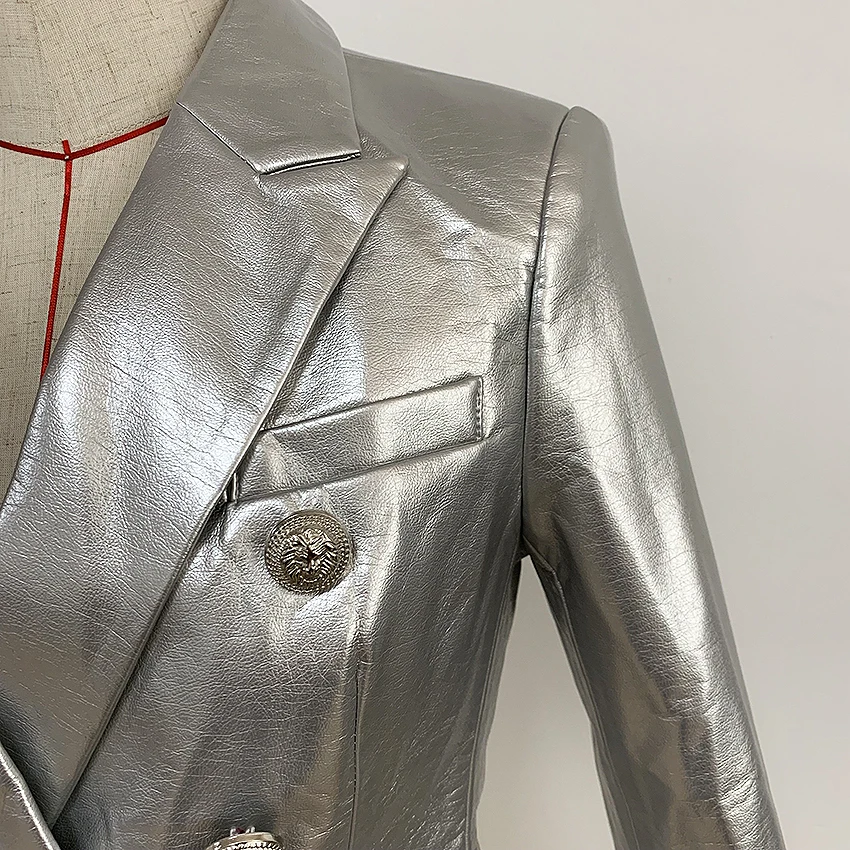 Yeni Sonbahar Kış 2022 Tasarımcı Blazer Ceket kadın Aslan Metal Düğmeler Kruvaze Sentetik Deri Blazer Palto 4