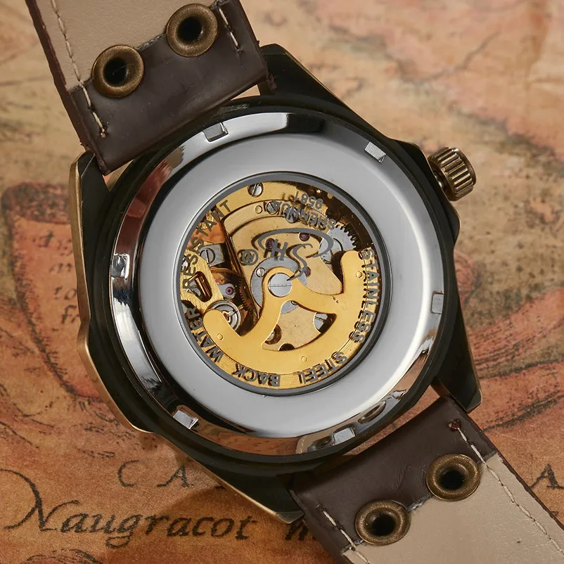 Retro Mekanik Saatler Antika Bronz İskelet Otomatik Steampunk Deri Wristwatches Saat Erkek Relogio Masculino 2020 Erkek  5