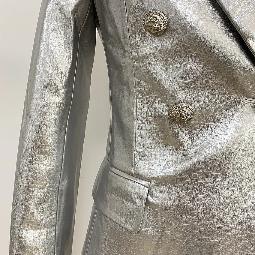 Yeni Sonbahar Kış 2022 Tasarımcı Blazer Ceket kadın Aslan Metal Düğmeler Kruvaze Sentetik Deri Blazer Palto 5