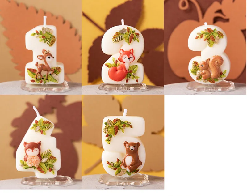 Numarası Mum Doğum Günü Pastası Dekorasyon Dumansız Mum Parti Karikatür Hayvan Geyik Sincap Ayı Baykuş Tilki 5