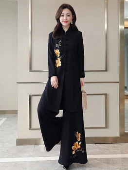 Çin Tarzı İki Parçalı Set Kadın Moda Ulusal İşlemeli Geniş Bacak pantolon Giyim Vintage 2022 Takım Elbise Conjuntos De Mujer