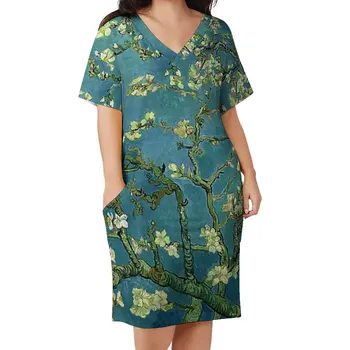 Çiçek Baskı Sanat Elbise V Boyun Van Gogh Badem Çiçekleri Zarif Elbiseler Kadın Kore Moda Baskı rahat elbise Büyük Boy 4XL 5XL