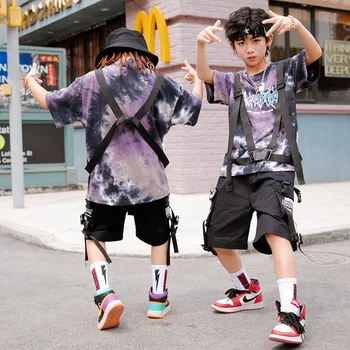 Çocuk Hip Hop Giyim Batik Harajuku Gömlek Askısı Büyük Boy T Shirt Üst Yaz Kargo Şort Kız Erkek dans kostümü Giysi