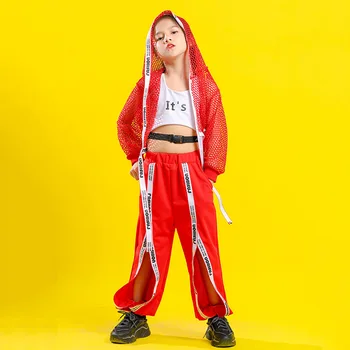Çocuklar Hip Hop Giyim Kırmızı Net Hoodie Ceket Kırpma kadın atlet Yelek Gevşek Bölünmüş Pantolon Kız Caz dans kostümü Elbise Sahne giyim