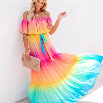 Çok Renkli Bohem Omuz Kendinden Kuşaklı Parti Elbise Pamuk Tunik Kadın Boho Maxi Elbise Vestidos A324 Karıştırdı Kapalı 