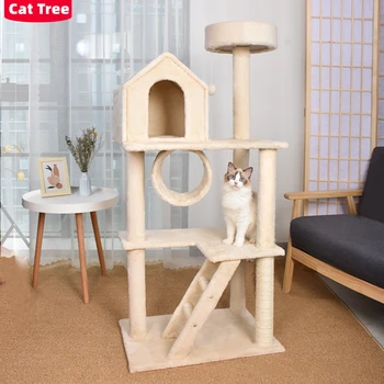 Çok katmanlı Kedi Ağacı Ahşap Kedi Kulesi Sisal Halat tırmalama sütunu Pet Kediler Yavru Tırmanma Çerçeve Kedi Evi JumpingToy