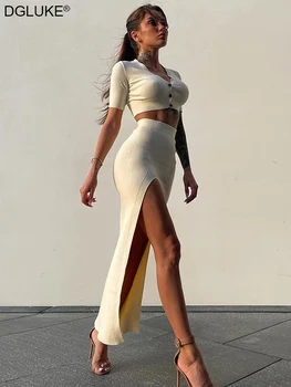 Örme Yaz İki Parçalı Set Kadın Uzun Etek Ve Kırpma Üst Seksi Kıyafetler Bayanlar Zarif Festivali Giyim İki Parçalı Elbise setleri
